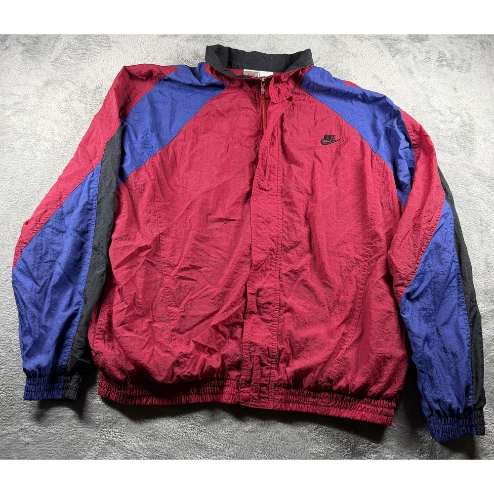 Vintage 80s 90s Nike Jacket XL Red Blue Colorblock Full Zip Snap Front Swoosh